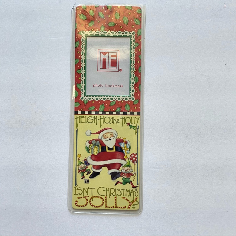 MARY ENGELBREIT Photo Bookmark Christmas Jolly Santa Pooch & Sweetheart Xmas VTG